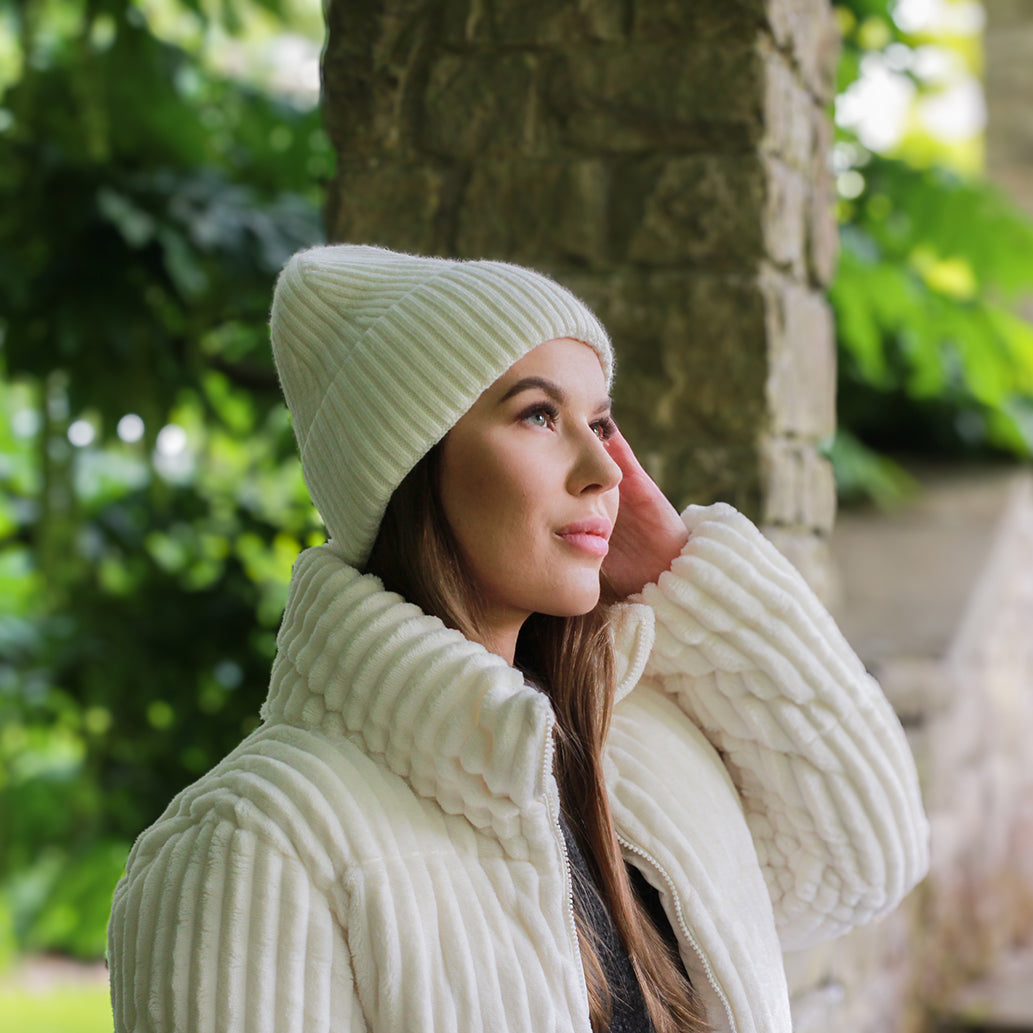white 100% Mulberry Silk Lined Cashmere Hat