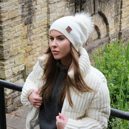 white Cashmere Winter Hat for Women – Soft Double Layer Beanie, Warm and Breathable Knit Fox Fur Pom Pom Hat, Elegant Cold Weather Gift for Her