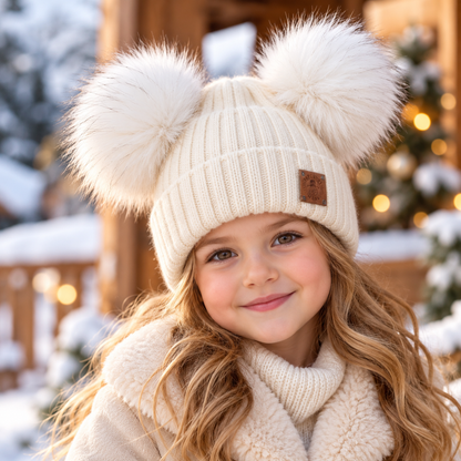 white double pom pom Kids’ Satin-Lined Cashmere Beanie