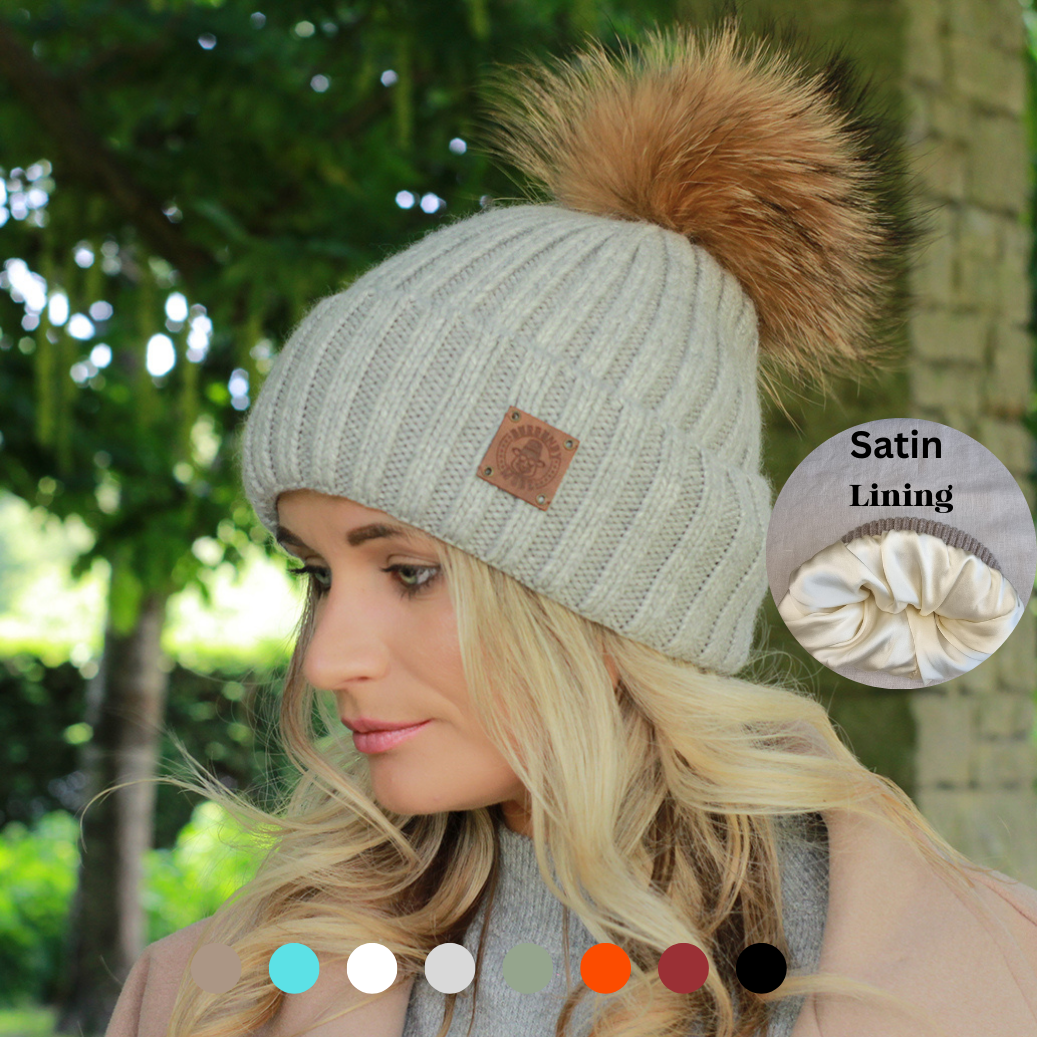 Silk-Lined Women’s Cashmere Hat – Smaller Size Beanie with Real FOX Fur Pom Pom, Soft & Warm Winter Hat, Gift for Her