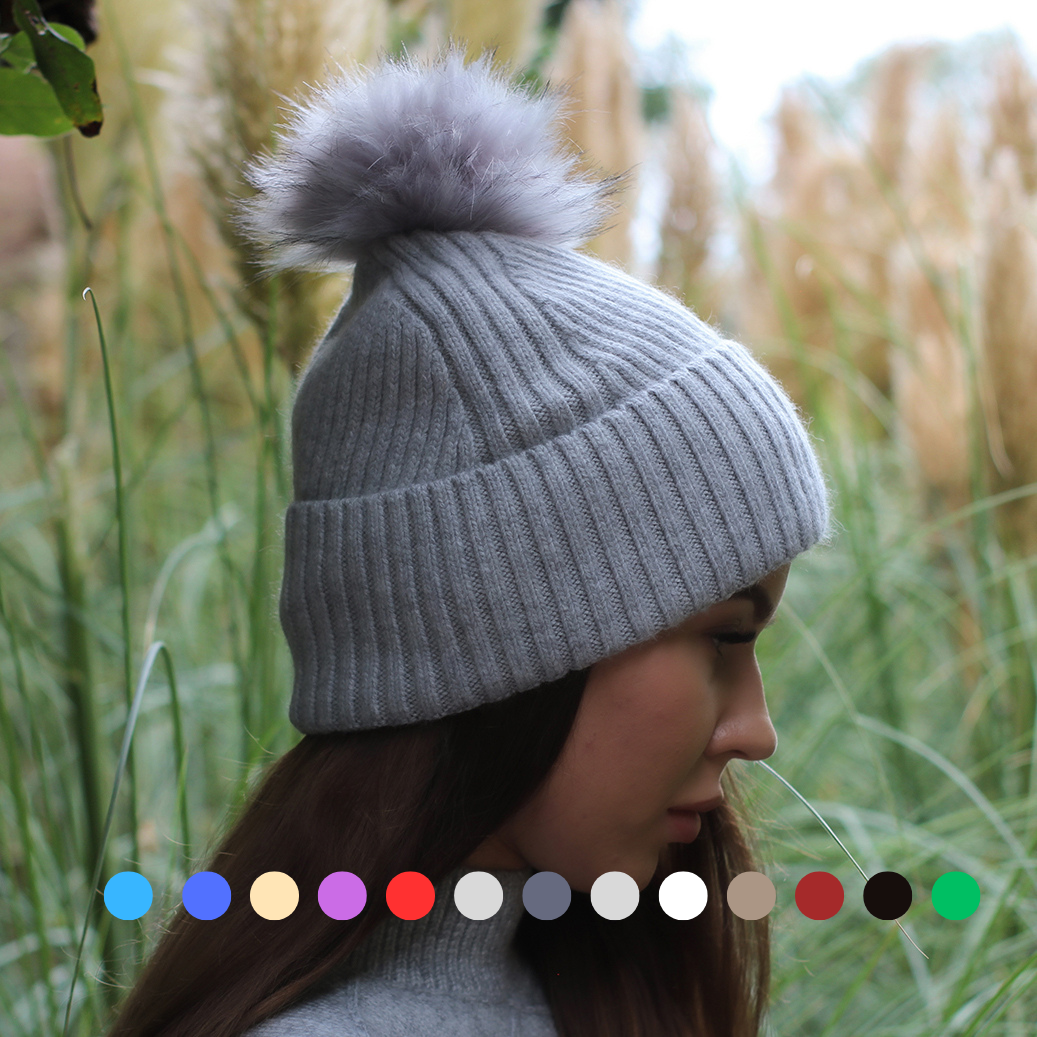 light grey Satin-Lined Women’s Cashmere Beanie with Faux Fur Pom Pom