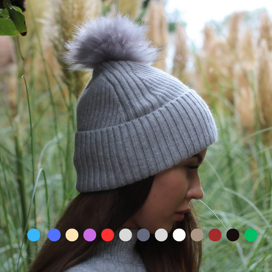 light grey Satin-Lined Women’s Cashmere Beanie with Faux Fur Pom Pom