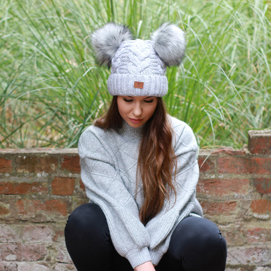 light grey Women’s Double Pom Pom Winter Hat – Fleece-Lined Wool Beanie, Windproof & Warm, Cute Cold Weather Gift for Girls or Her