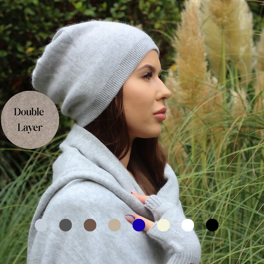 grey Cashmere Winter Hat for Women – Soft Double Layer Beanie, Warm and Breathable Knit Hat, Elegant Cold Weather Gift for Her, Minimalist Style