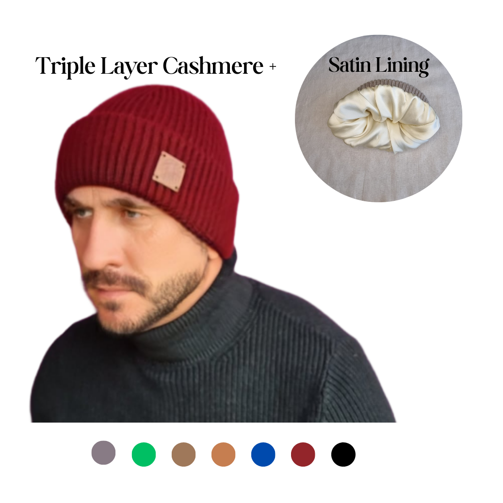 burgundy Silk-Lined Triple Layer Men’s Cashmere Hat – Hair-Friendly Winter Beanie, Cozy Gift for Him, Reduces Frizz & Breakage