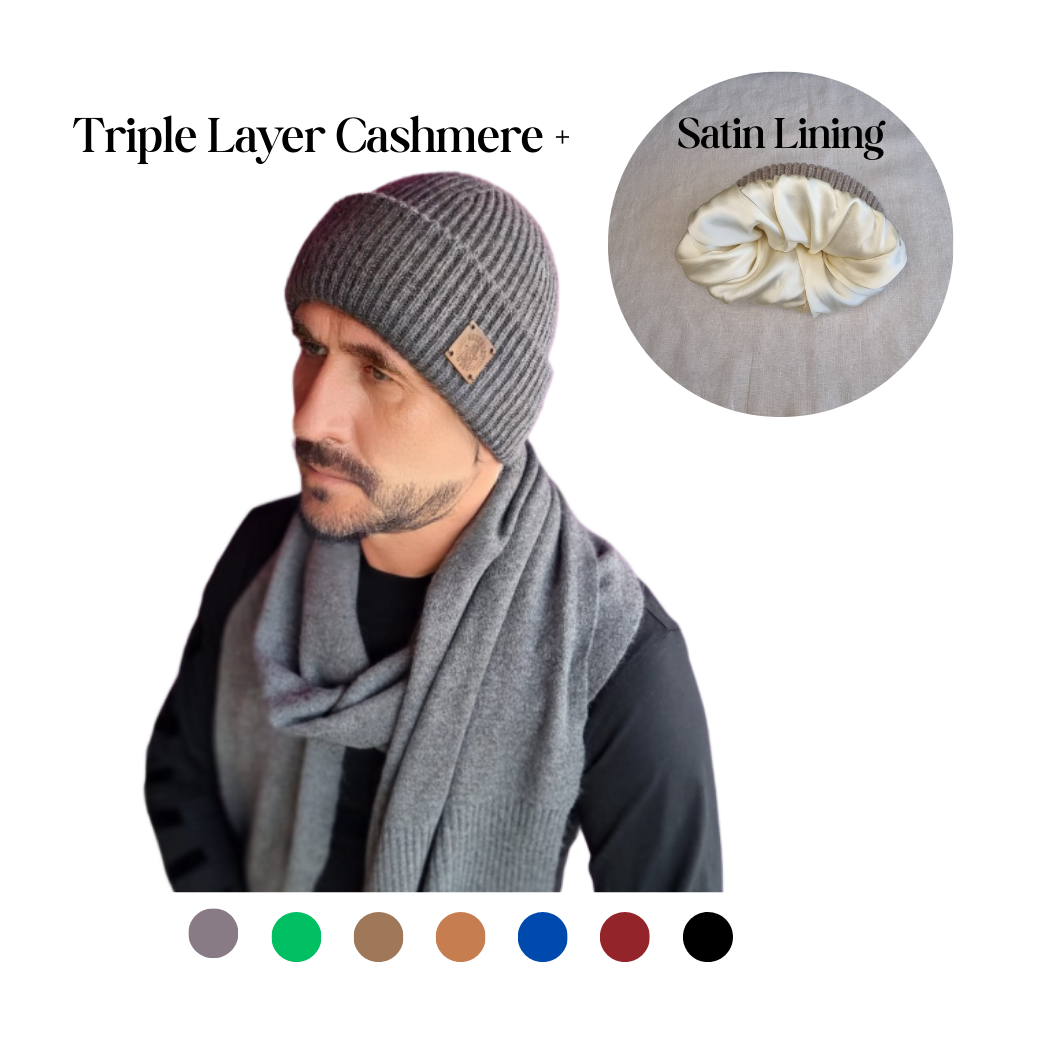 dark grey Silk-Lined Triple Layer Men’s Cashmere Hat – Hair-Friendly Winter Beanie, Cozy Gift for Him, Reduces Frizz & Breakage