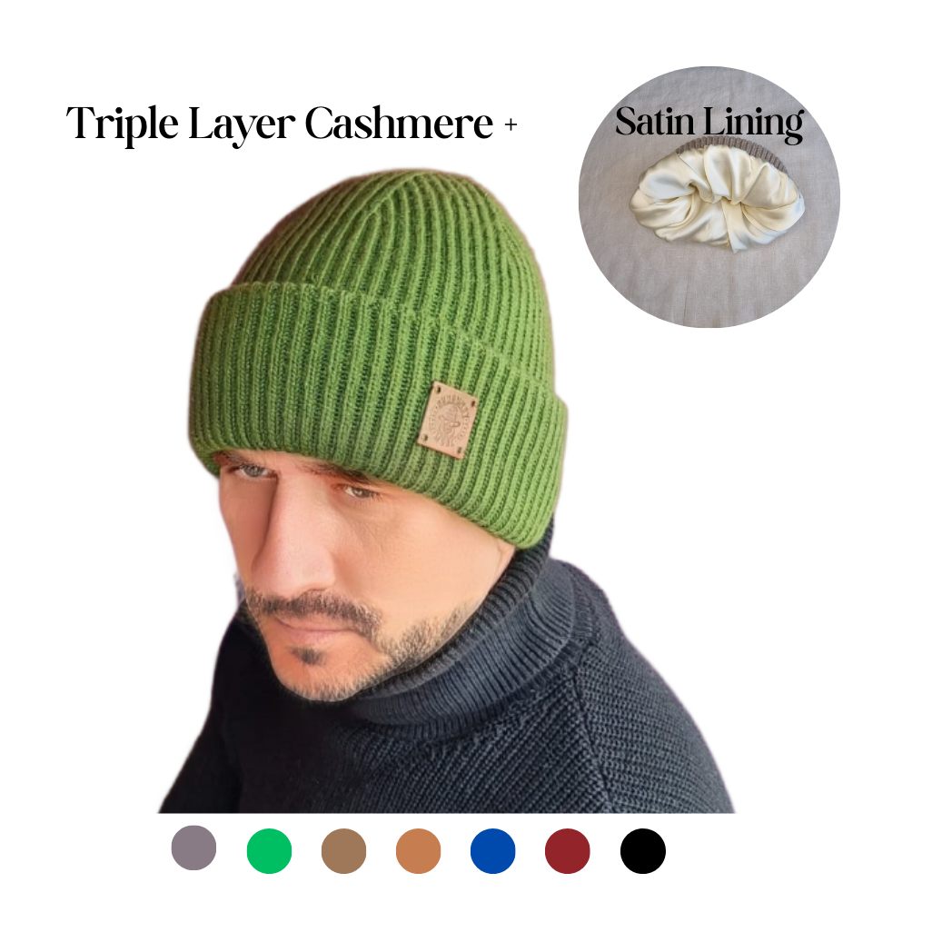 green Silk-Lined Triple Layer Men’s Cashmere Hat – Hair-Friendly Winter Beanie, Cozy Gift for Him, Reduces Frizz & Breakage
