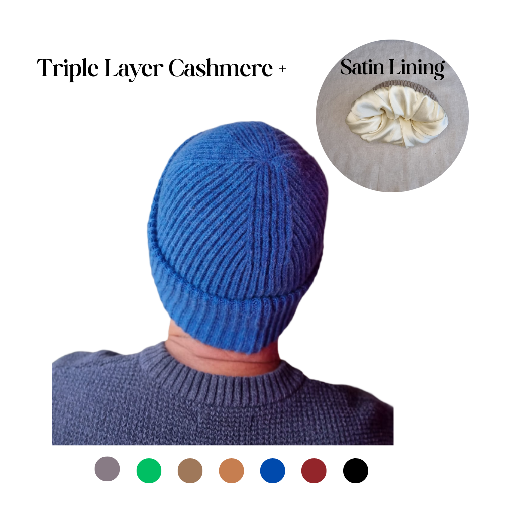 blue Silk-Lined Triple Layer Men’s Cashmere Hat – Hair-Friendly Winter Beanie, Cozy Gift for Him, Reduces Frizz & Breakage