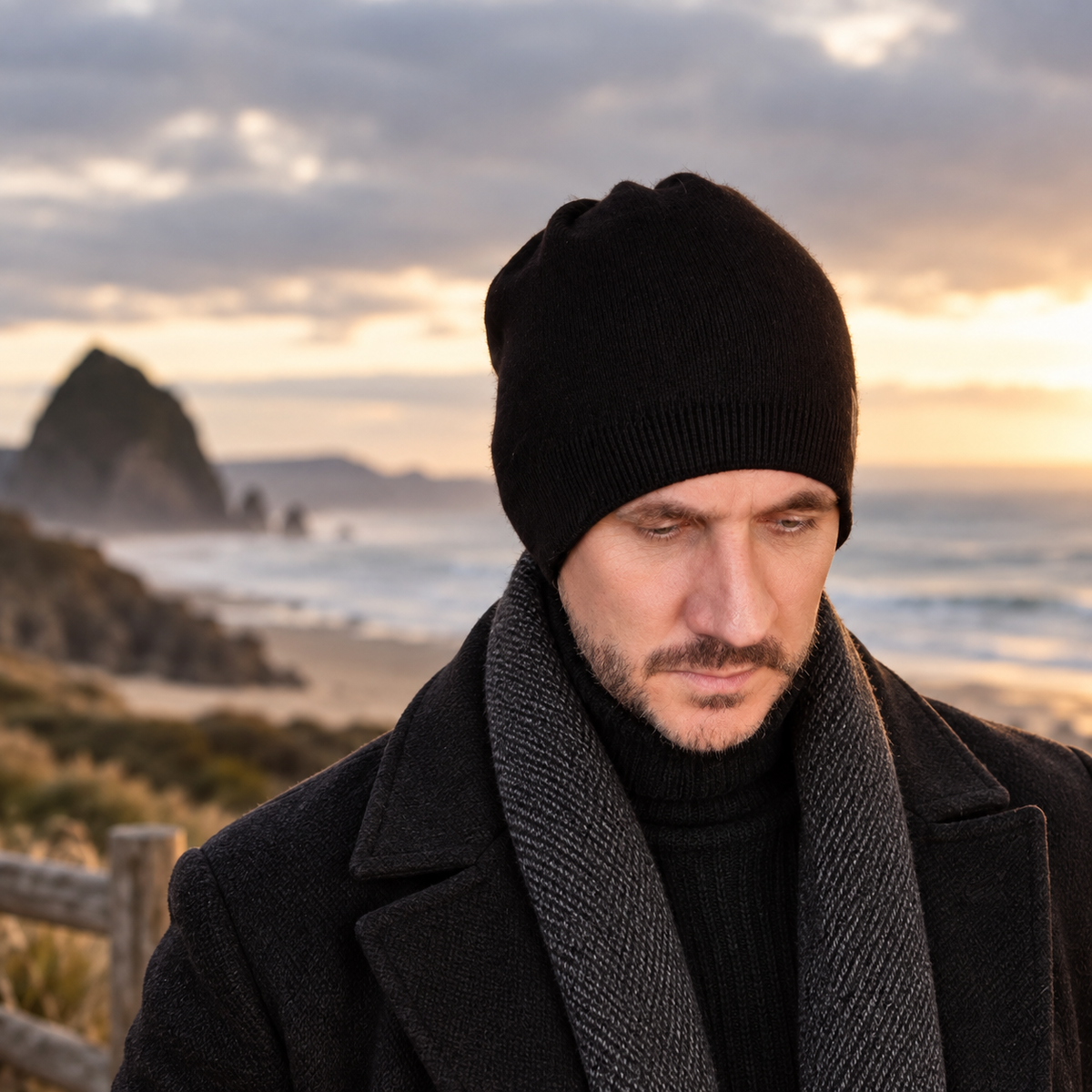 black Men's Double-Layer Cashmere Beanie