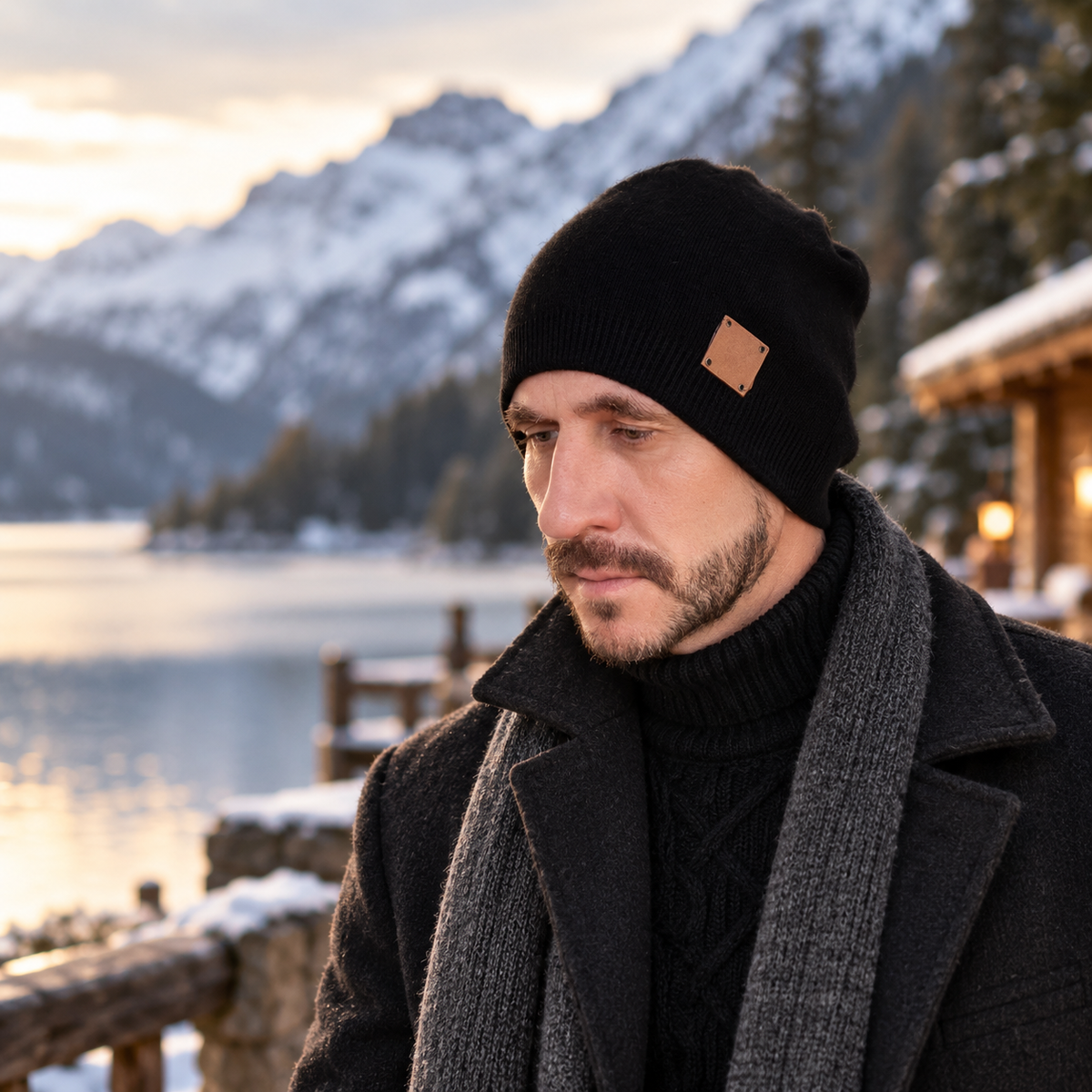 black Men's Double-Layer Cashmere Beanie