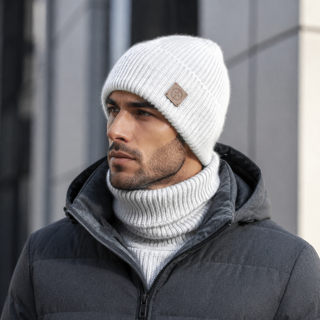 grey Men’s Winter Cashmere Hat and Neck Warmer Set