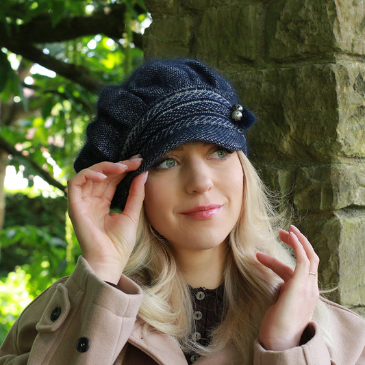 navy blue Women's Winter Cashmere & Angora Wool Peak Hat – Chunky Double Layer Visor Beanie, Cozy Gift for Her