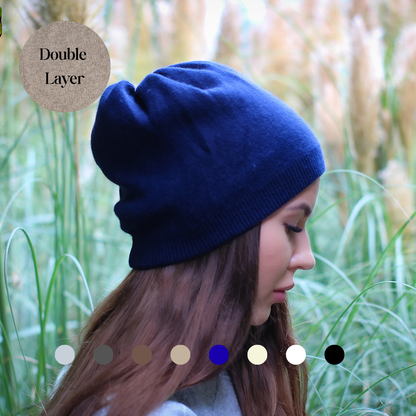 blue Cashmere Winter Hat for Women – Soft Double Layer Beanie, Warm and Breathable Knit Hat, Elegant Cold Weather Gift for Her, Minimalist Style