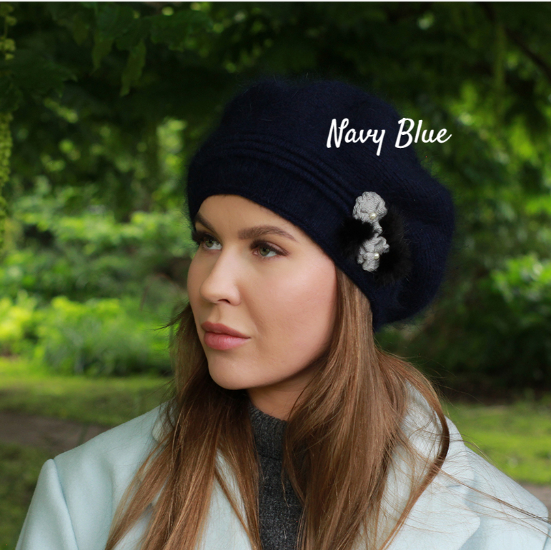 Navy blue Wool Winter Beret – Warm Double-Layer French Style Hat, Cozy Gift for Her, Mum or Grandma