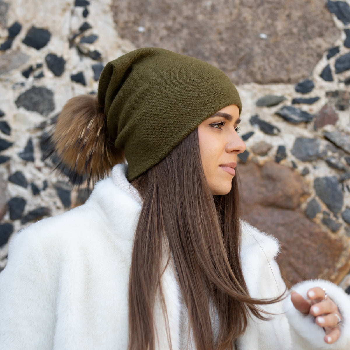 olive green Women’s Double-Layer Cashmere Beanie – 2-in-1 Style