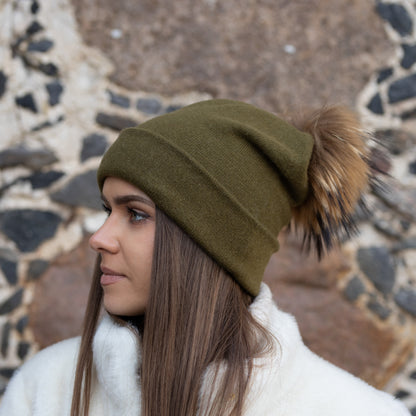 olive green Women’s Double-Layer Cashmere Beanie – 2-in-1 Style