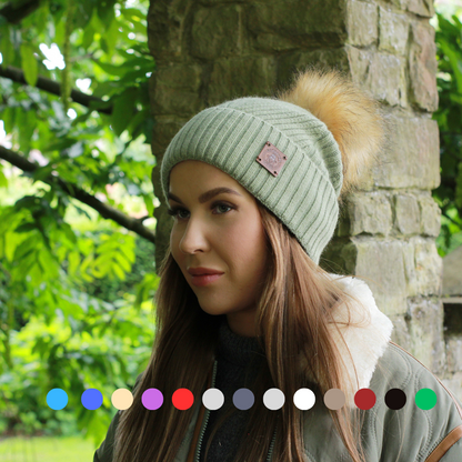 pastel olive green Satin-Lined Women’s Cashmere Beanie with Faux Fur Pom Pom