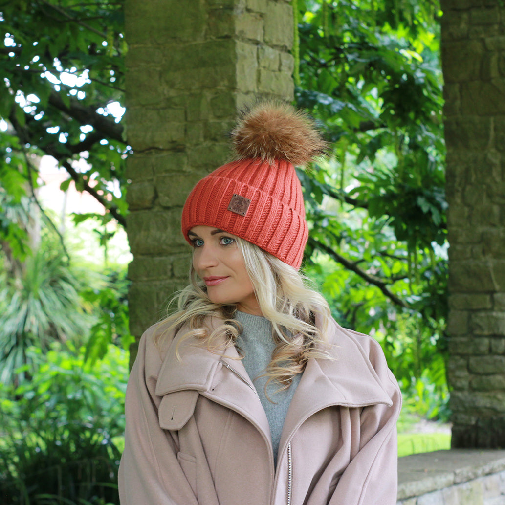 orange Silk-Lined Women’s Cashmere Hat – Smaller Size Beanie with Real FOX Fur Pom Pom, Soft & Warm Winter Hat, Gift for Her