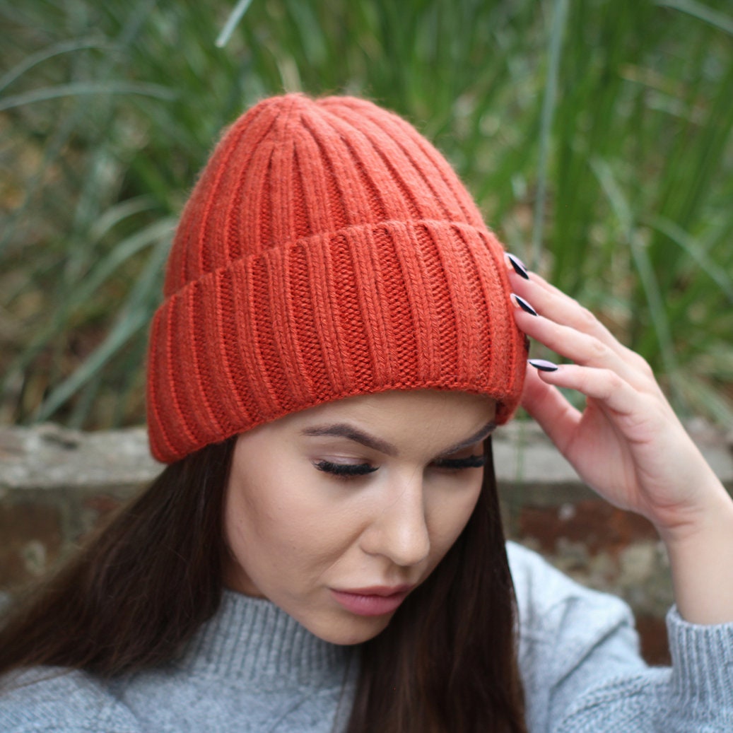 orange Smaller Size Cashmere Silk Lined Women's Hat, Winter Windproof beanie, Great for thick, Curly, Frizz-free Hair, Gift For Her