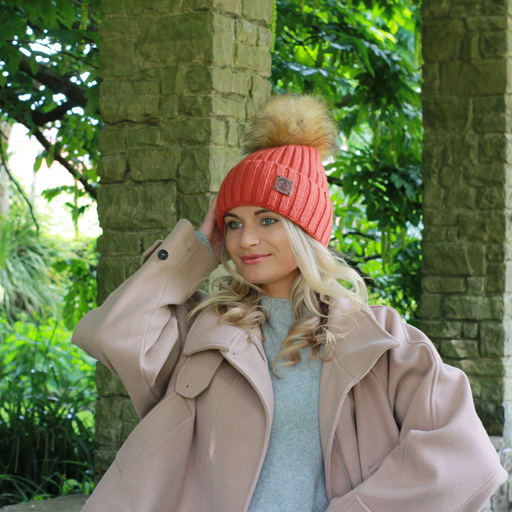 orange Silk-Lined Women’s Cashmere Hat – Smaller Size Beanie with Faux Fur Pom Pom, Soft & Warm Winter Hat, Gift for Her