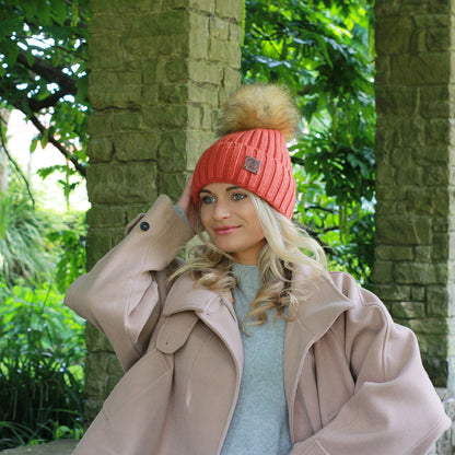orange Silk-Lined Women’s Cashmere Hat – Smaller Size Beanie with Faux Fur Pom Pom, Soft & Warm Winter Hat, Gift for Her