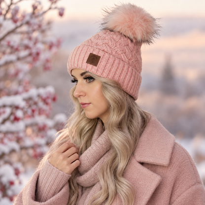 Damen Kaschmir Kunstfell Pom Pom Mütze, Gestrickte warme Winter Kaschmir Mütze für Damen, Geschenk für Sie
