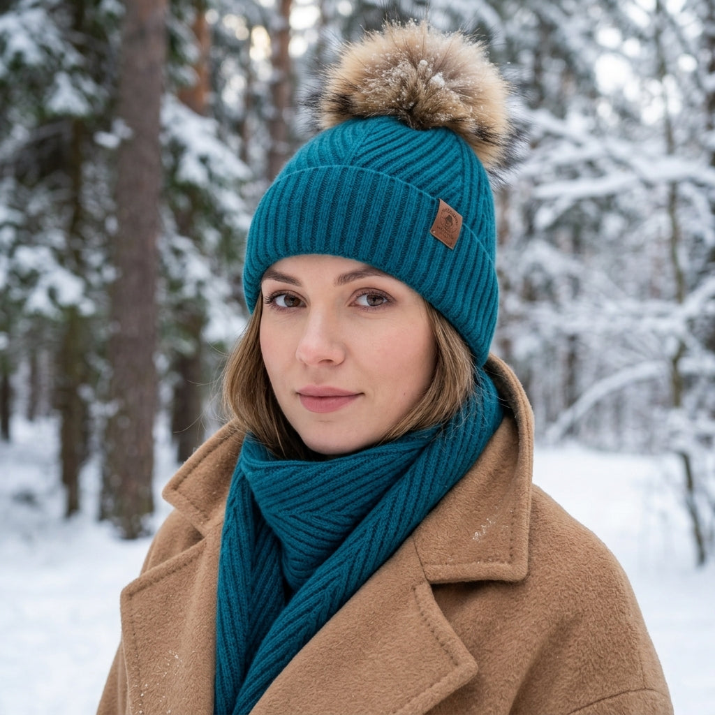teal blue Satin-Lined Women’s Cashmere Beanie with Faux Fur Pom Pom