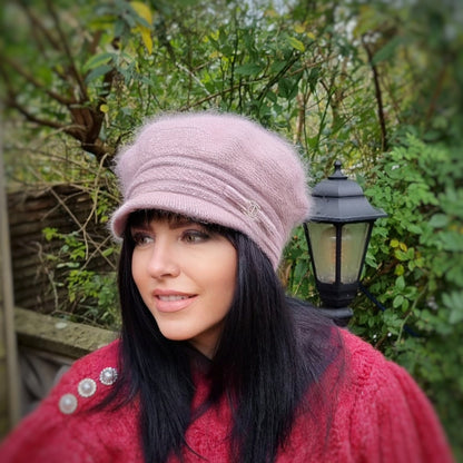 blush Women's Peaked Angora Cashmere Hat – Soft, Warm & Stylish Double-Layer Beanie, Elegant Winter Beret Gift for Her or Mum
