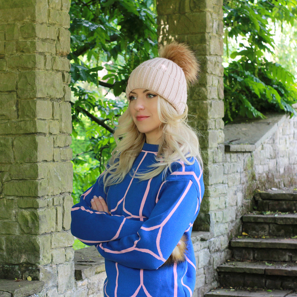 pink Silk-Lined Women’s Cashmere Hat – Smaller Size Beanie with Real FOX Fur Pom Pom, Soft & Warm Winter Hat, Gift for Her