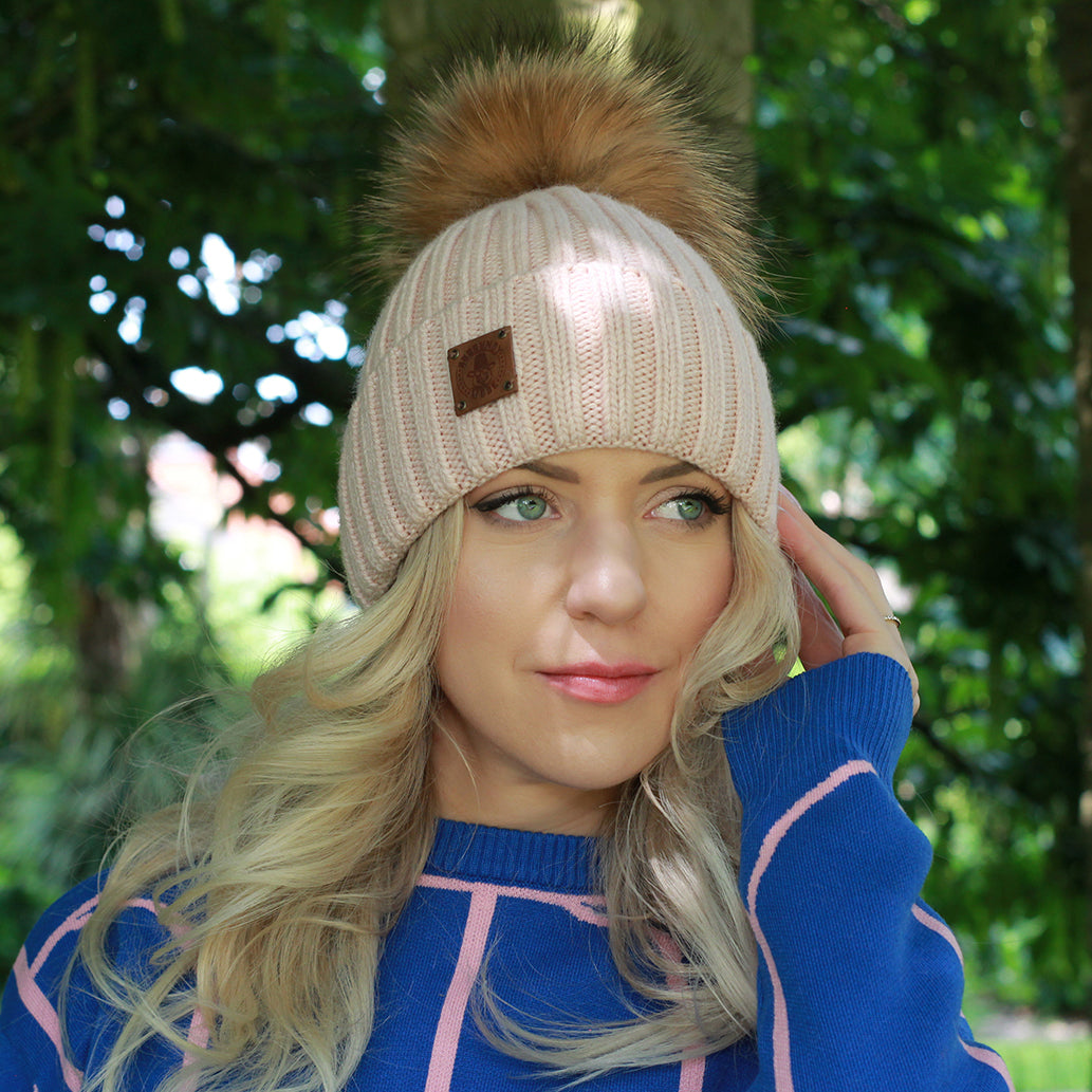 pink Silk-Lined Women’s Cashmere Hat – Smaller Size Beanie with Real FOX Fur Pom Pom, Soft & Warm Winter Hat, Gift for Her