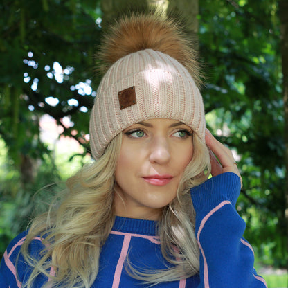 pink Silk-Lined Women’s Cashmere Hat – Smaller Size Beanie with Real FOX Fur Pom Pom, Soft & Warm Winter Hat, Gift for Her