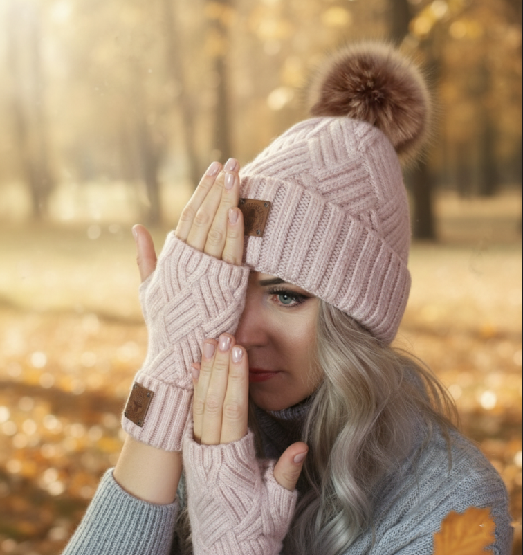 pink Cashmere hat and fingerless gloves set, Fox fur pom pom cashmere beanie hat, Warm and soft winter cashmere set for womens, Gift for her