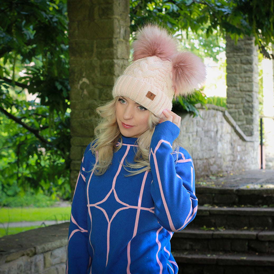 pink Women’s Double Pom Pom Winter Hat – Fleece-Lined Wool Beanie, Windproof & Warm, Cute Cold Weather Gift for Girls or Her