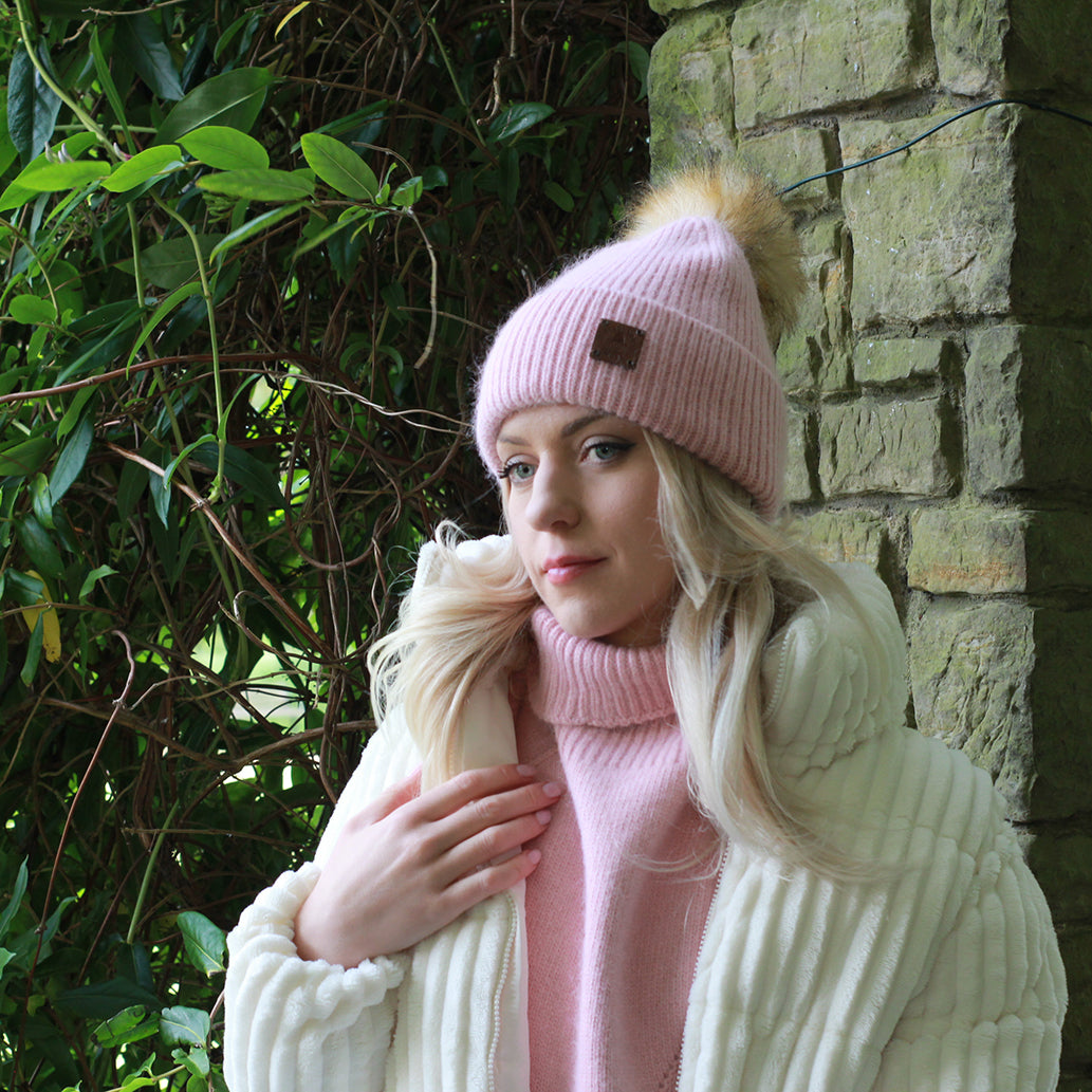 SET: Women’s Winter Cashmere Hat and Neck Warmer – Soft Warm Pom Pom Beanie & Snood Gift for Her, Cozy 2-Piece Cold Weather Accessory