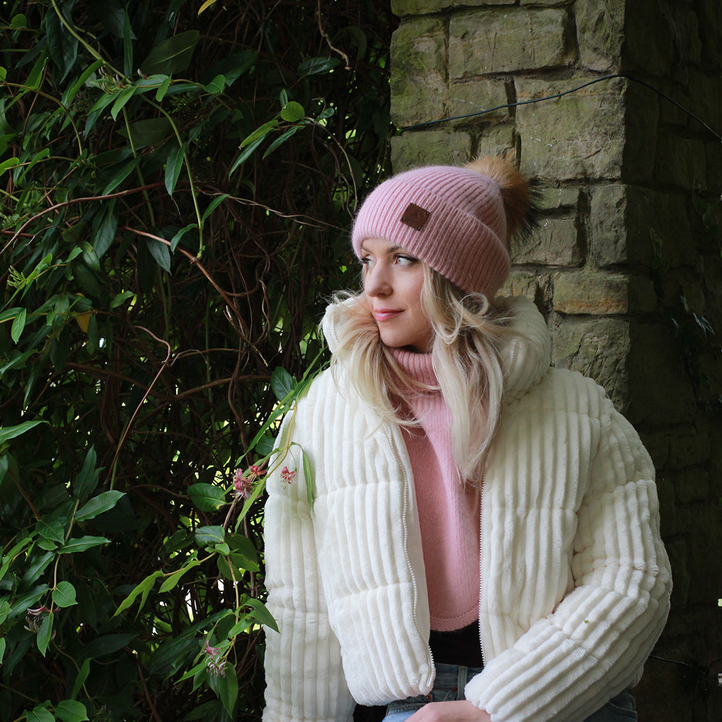 pink SET: Women’s Winter Cashmere Hat and Neck Warmer – Soft Warm Fox Fur Pom Pom Beanie & Snood Gift for Her, Cozy Cold Weather Accessory Set