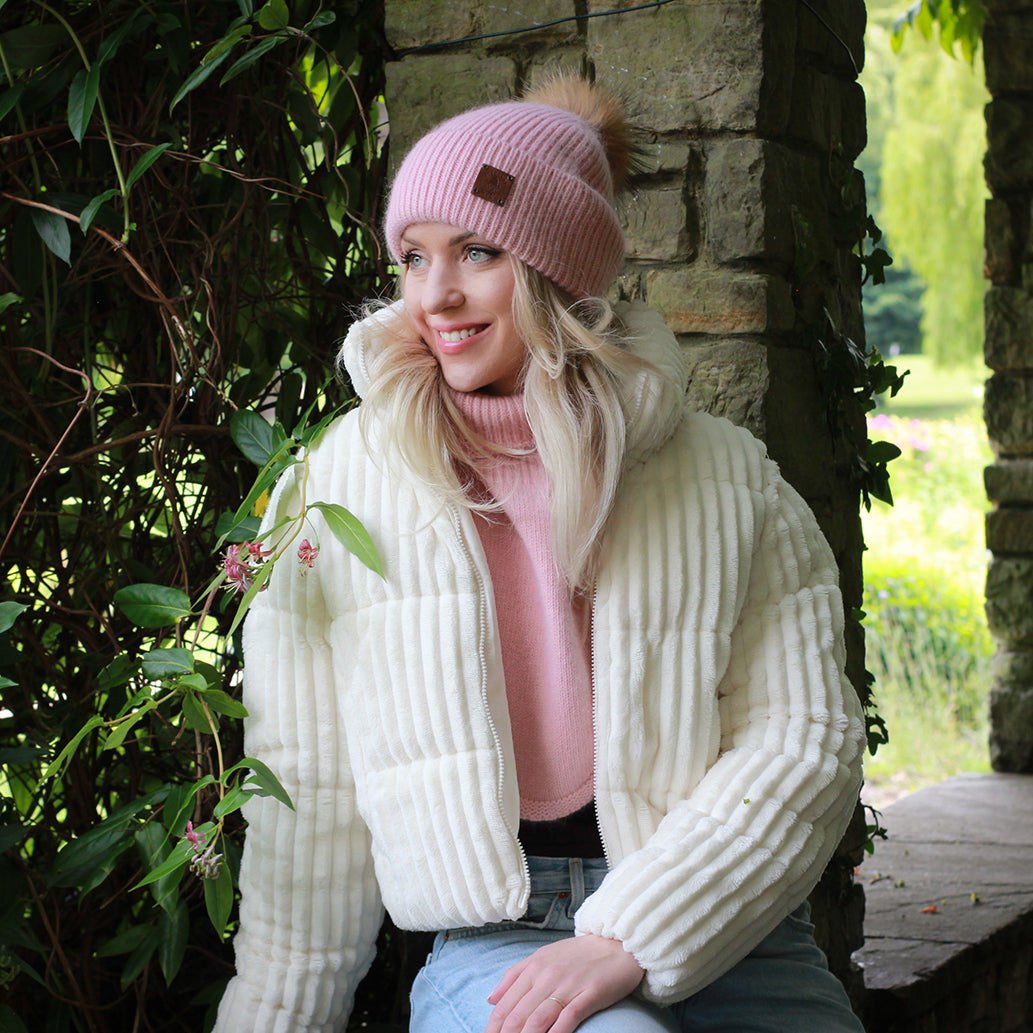 pink SET: Women’s Winter Cashmere Hat and Neck Warmer – Soft Warm Fox Fur Pom Pom Beanie & Snood Gift for Her, Cozy Cold Weather Accessory Set