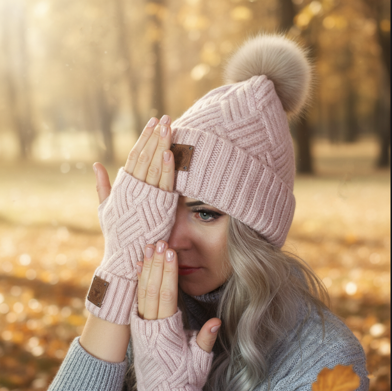 pink Cashmere hat and fingerless gloves set, Faux fur pom pom cashmere beanie hat, Warm and soft winter cashmere set for womens.   Gift for her