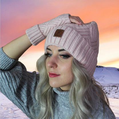 pink Cashmere hat and fingerless gloves set, Cashmere beanie hat, Warm and soft winter cashmere set for women's. Gift for her