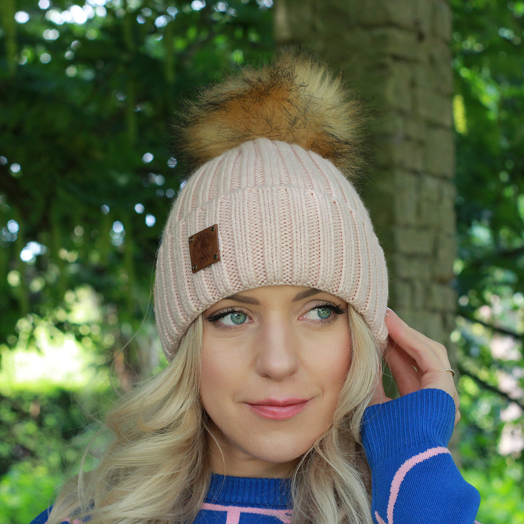 pink Silk-Lined Women’s Cashmere Hat – Smaller Size Beanie with Faux Fur Pom Pom, Soft & Warm Winter Hat, Gift for Her