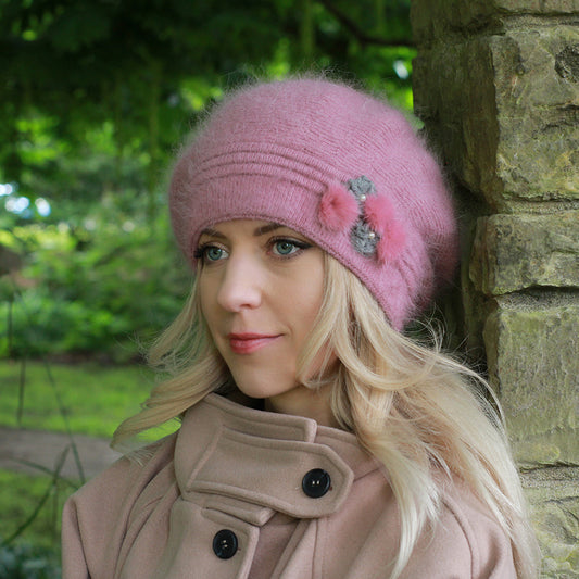 pink Wool Winter Beret – Warm Double-Layer French Style Hat, Cozy Gift for Her, Mum or Grandma