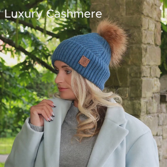 100% Mulberry Silk Lined Cashmere Hat – Fox Fur Pom Pom 