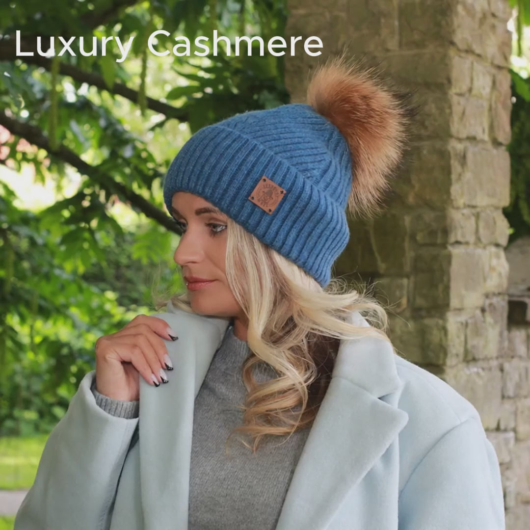 100% Mulberry Silk Lined Cashmere Hat – Fox Fur Pom Pom 