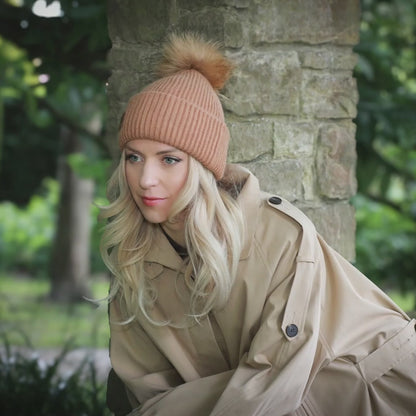 Satin-Lined Triple-Layer Cashmere Beanie with Fox Fur Pom Pom