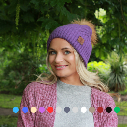 purple Satin-Lined Women’s Cashmere Beanie with Faux Fur Pom Pom