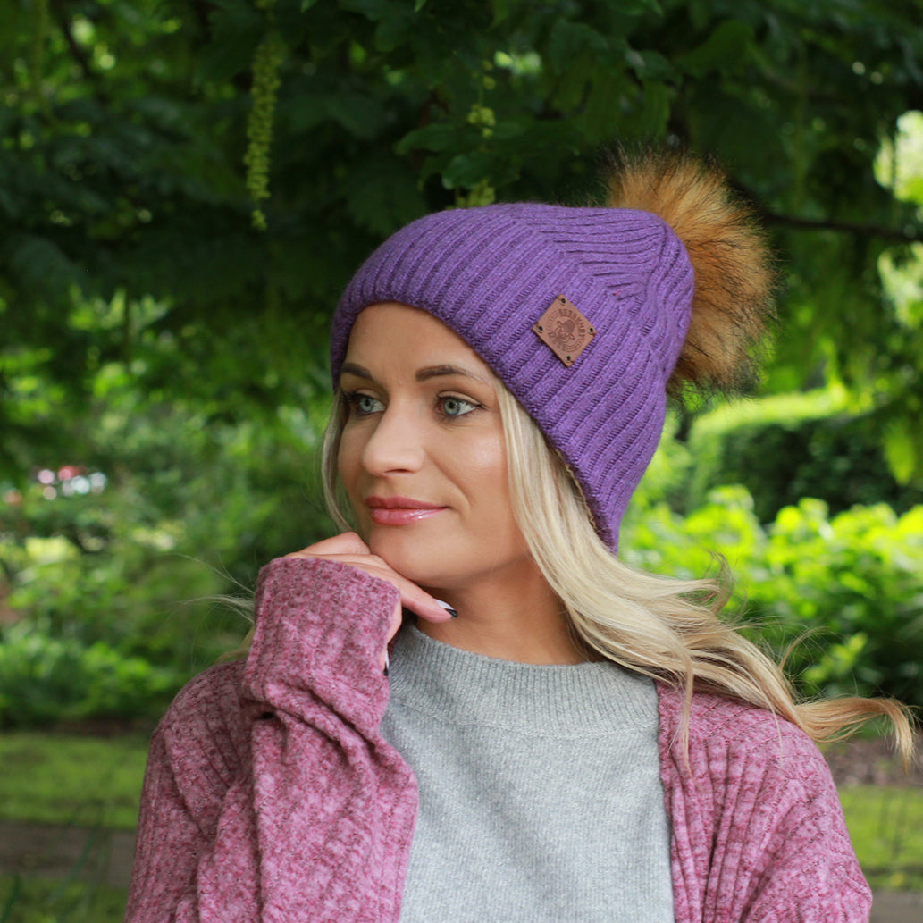 purple Silk-Lined Cashmere Beanie for Women – Frizz-Free Winter Hat with Faux Fur Pom Pom, Cozy Gift for Her, Soft Warm Luxury Beanie 
