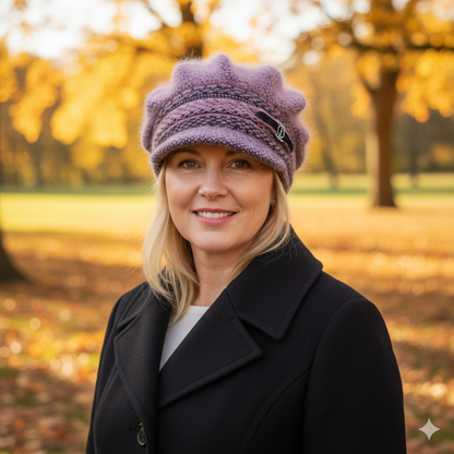 purple Women's Winter Cashmere & Angora Wool Peak Hat – Chunky Double Layer Visor Beanie, Cozy Gift for Her