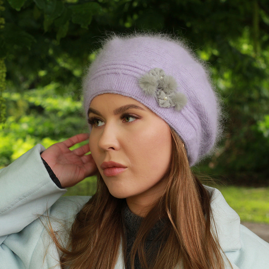 purple Wool Winter Beret – Warm Double-Layer French Style Hat, Cozy Gift for Her, Mum or Grandma
