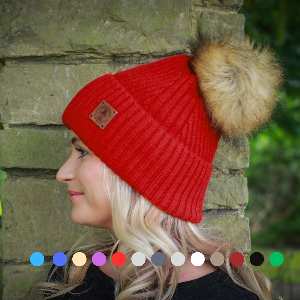 red Silk-Lined Cashmere Beanie for Women – Frizz-Free Winter Hat with Faux Fur Pom Pom, Cozy Gift for Her, Soft Warm Luxury Beanie
