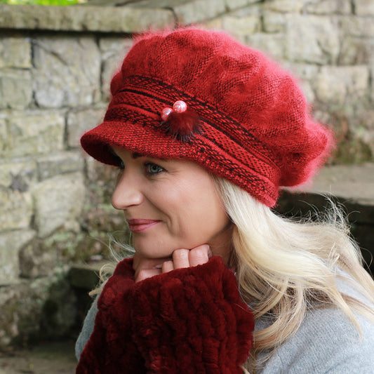 red Women's Peaked Angora Cashmere Hat – Soft, Warm & Stylish Double-Layer Beanie, Elegant Winter Beret Gift for Her or Mum