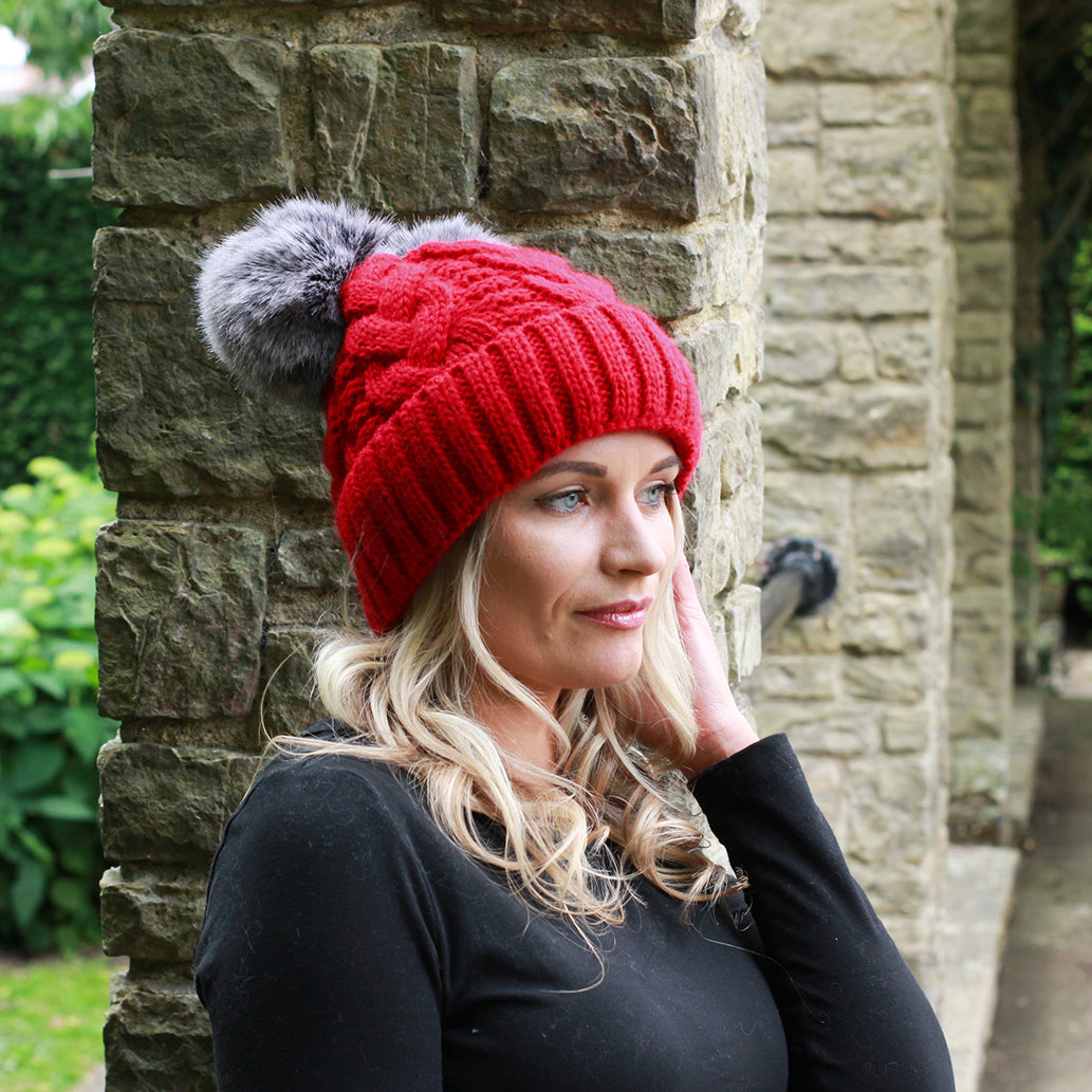 red Women’s Double Pom Pom Winter Hat – Fleece-Lined Wool Beanie, Windproof & Warm, Cute Cold Weather Gift for Girls or Her